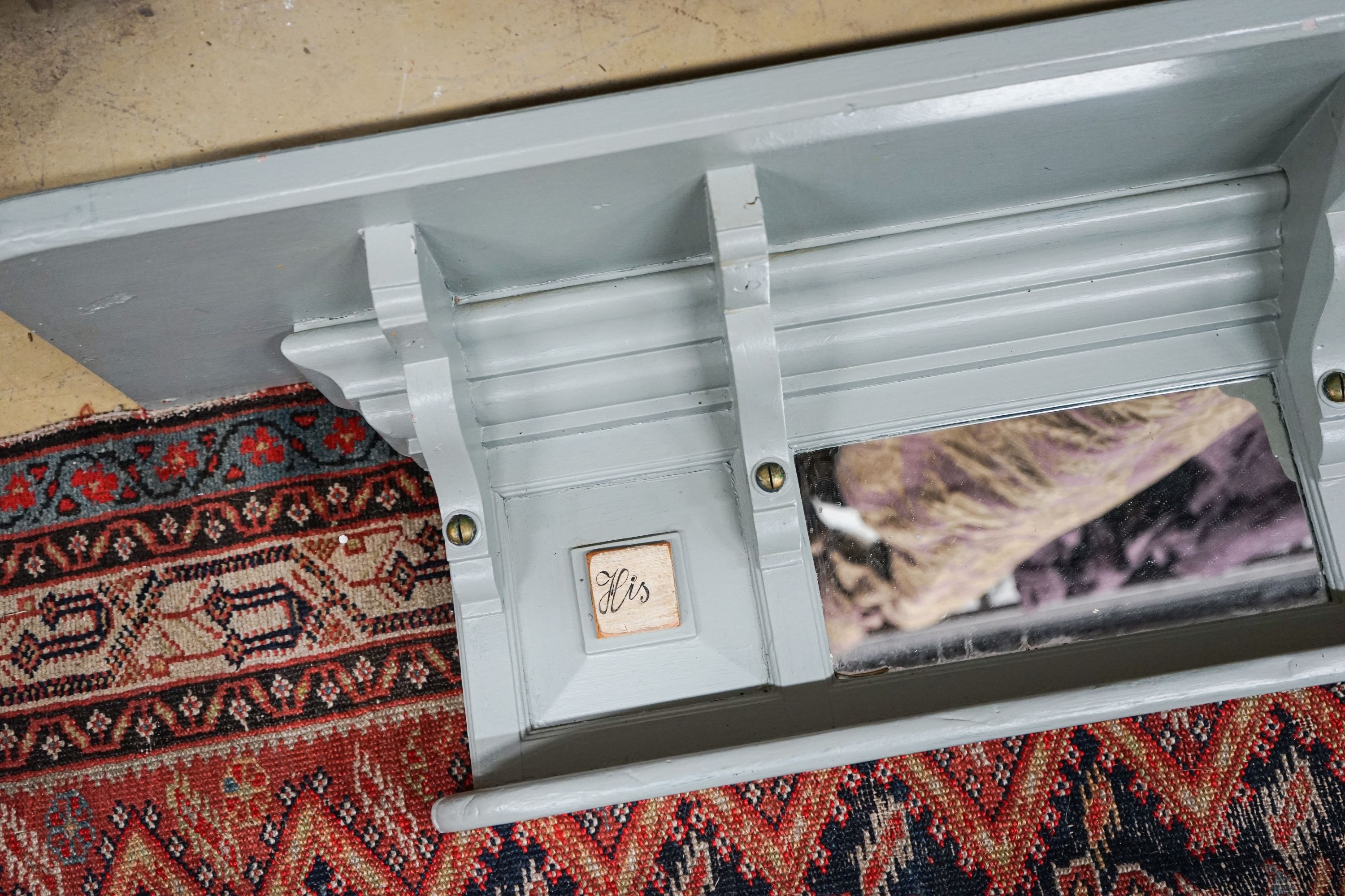 A Victorian later painted overmantel mirror, width 143cm, height 76cm together with a painted and mirrored overmantel